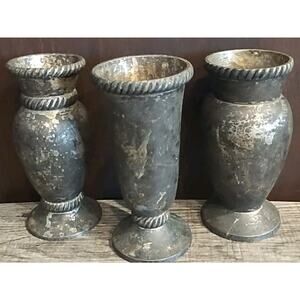 Set Of 3 Pottery Barn Silver Plated Vases Roped Trim 5" Dark Cottagecore Moody
